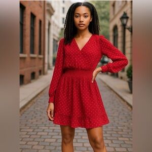 Rails Red Polka Dot Mini Dress XS Smocked Waist Flowy Ruffle Hem